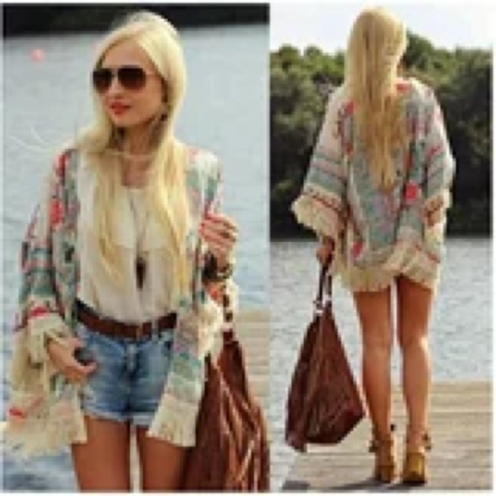 New Fashion Boho Fringe Floral Kimono Cardigan Tassels Beach Cover Up Cape